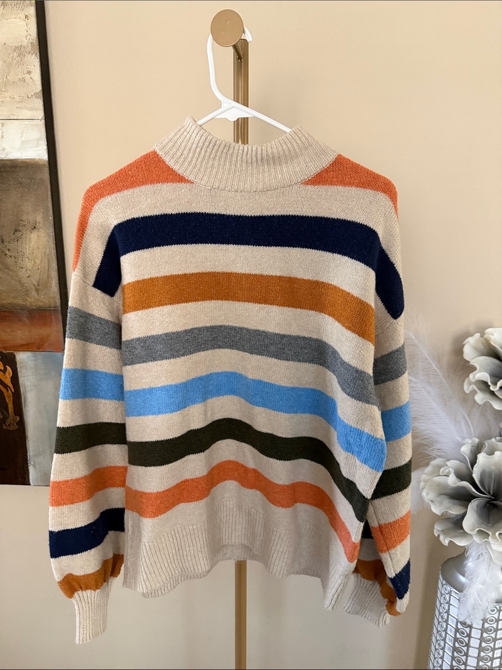 St. John's Bay Multicolor Striped Cowl Sweater - Beige, Navy, Orange